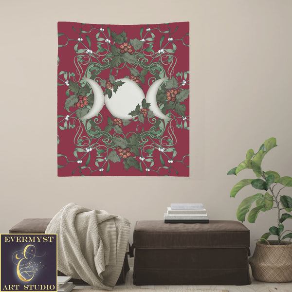 Triple Moon Goddess Altar Cloth - Yule Red Holly Tarot Reading Mat Square