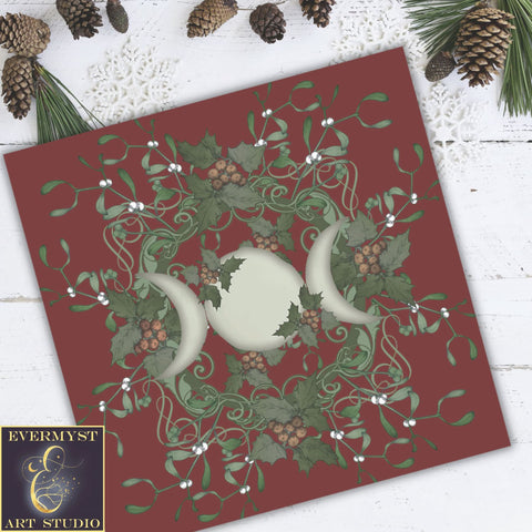 Triple Moon Goddess Altar Cloth - Yule Red Holly Tarot Reading Mat Square