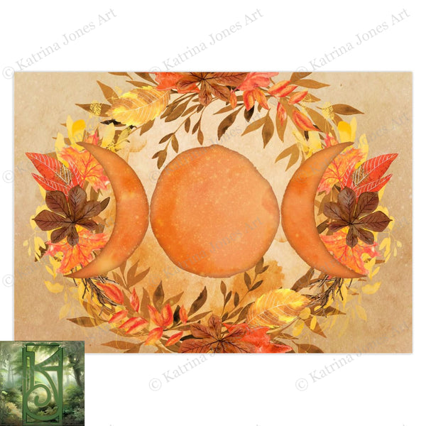 Triple Moon Goddess Blank Greeting Card Mabon Fall Witch Wicca Notecards 5 Cards