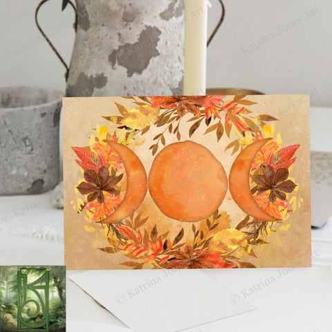 Triple Moon Goddess Blank Greeting Card Mabon Fall Witch Wicca Notecards