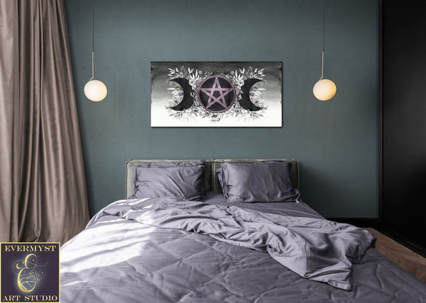 Triple Moon Goddess Dark Violet Pentacle Canvas Wall Art Witchy Decor Wicca Winter Solstice Décor