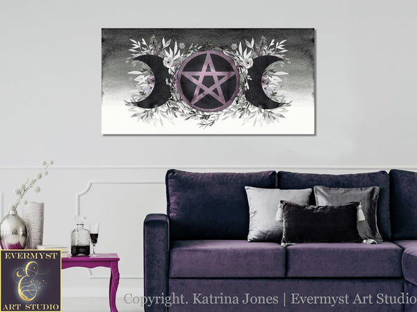 Triple Moon Goddess Dark Violet Pentacle Canvas Wall Art Witchy Decor Wicca Winter Solstice Décor