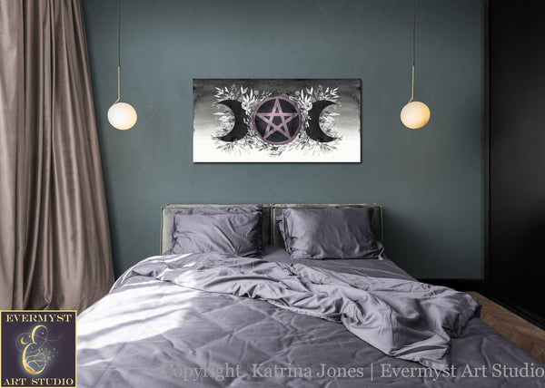 Triple Moon Goddess Dark Violet Pentacle Canvas Wall Art Witchy Decor Wicca Winter Solstice Décor