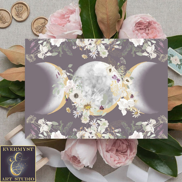 Triple Moon Goddess Floral Blank Greeting Card Stationary Sets Folded Note Cards Cute Unique