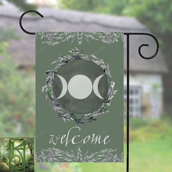 Triple Moon Green Welcome Flag - Pagan Wicca Outdoor Decor