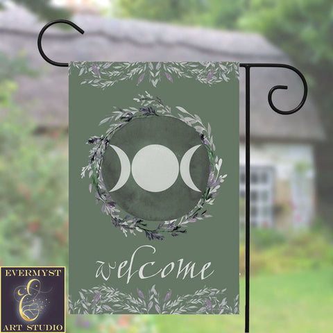 Triple Moon Green Welcome Flag - Pagan Wicca Outdoor Decor