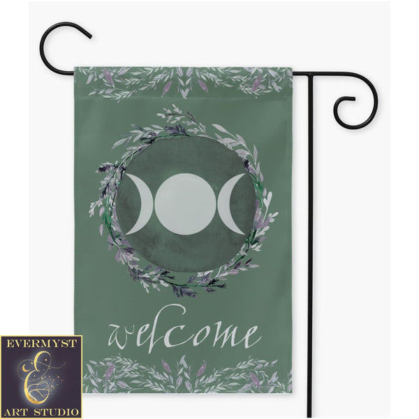 Triple Moon Green Welcome Flag - Pagan Wicca Outdoor Decor Double / 12X18 Inch