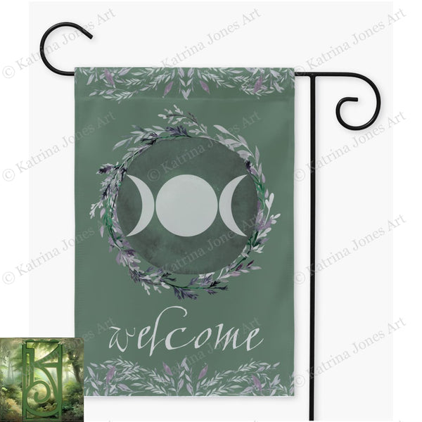 Triple Moon Green Welcome Flag - Pagan Wicca Outdoor Decor Double / 12X18 Inch