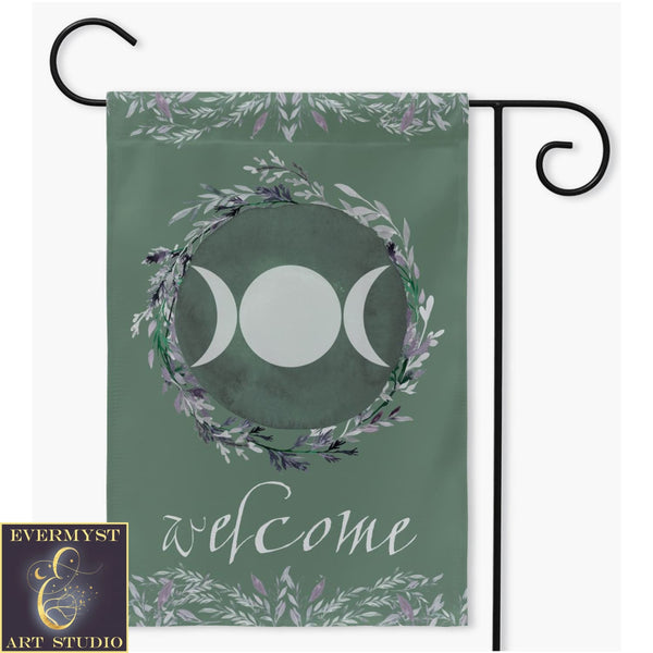 Triple Moon Green Welcome Flag - Pagan Wicca Outdoor Decor Double / 18.325X27 Inch