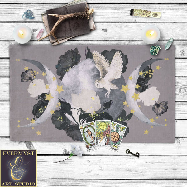 Triple Moon Owl Altar Cloth - Grey And Black Wicca Witch Boho Design Rec