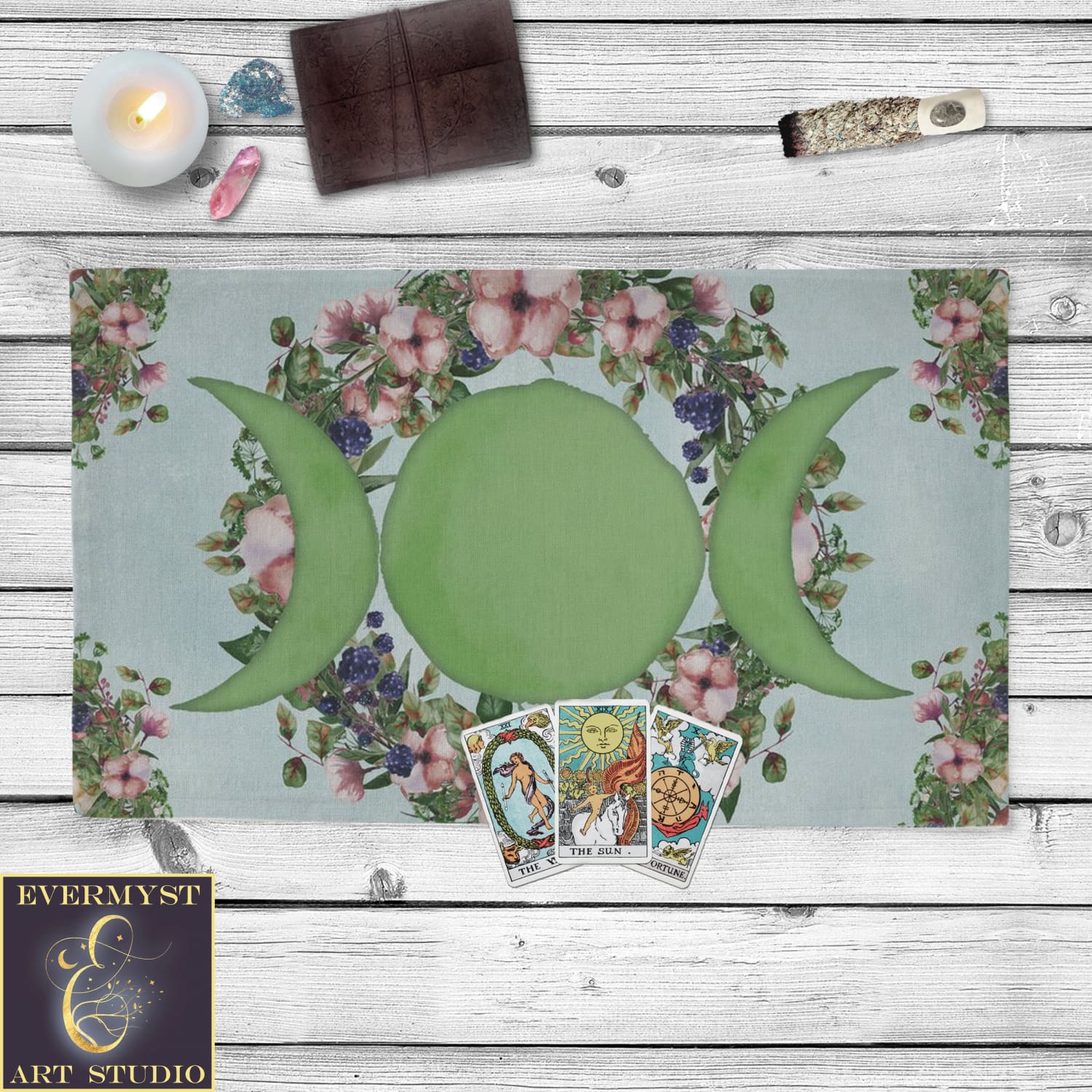 Triple Moon Wicca Altar Cloth - Summer Solstice Fruit And Flower Tarot Mat Rec