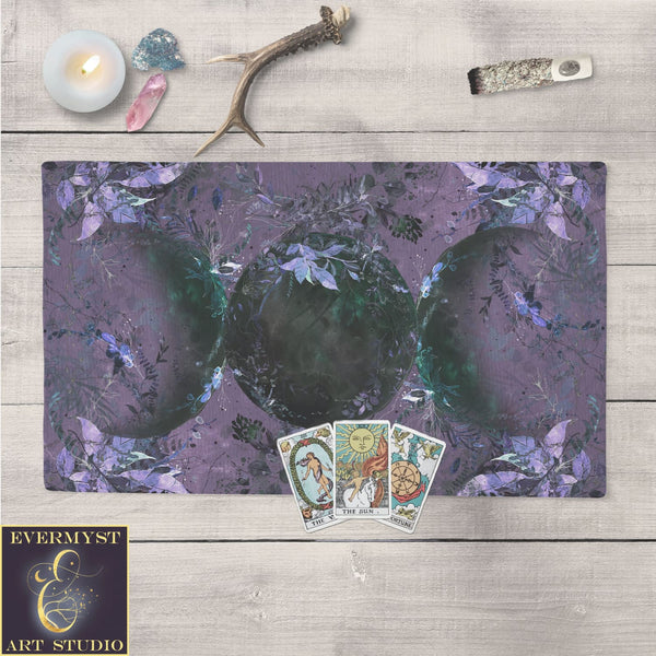 Triple Moon Wiccan Altar And Tarot Cloth In Black Purple - Pagan Decor Rec