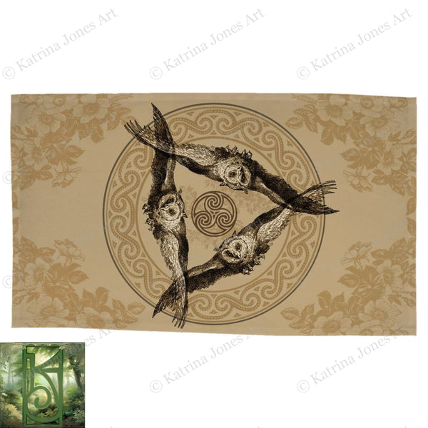 Vintage Triple Owl Altar Cloth - Athena Goddess Wiccan Decor Rec