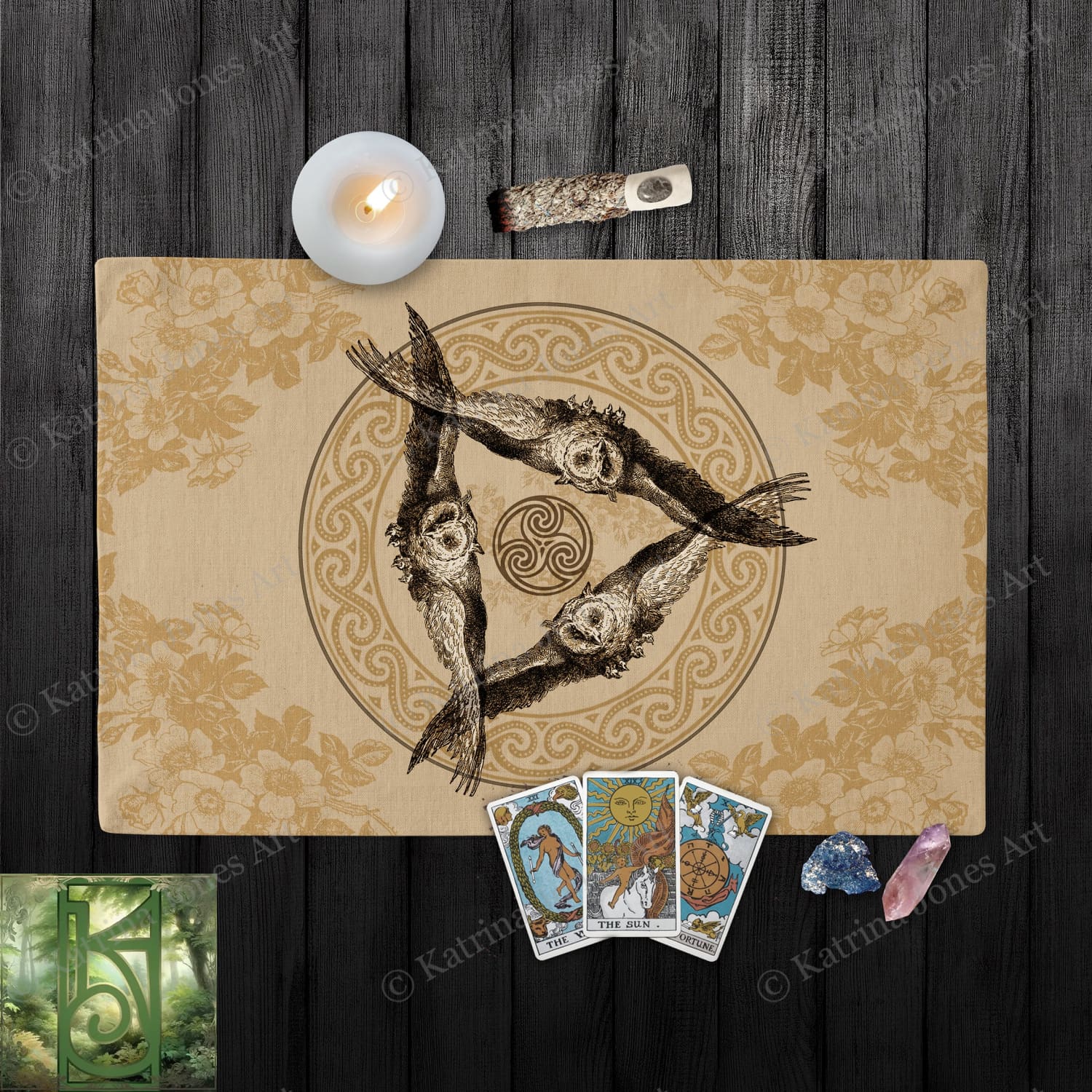 Vintage Triple Owl Altar Cloth - Athena Goddess Wiccan Decor Rec