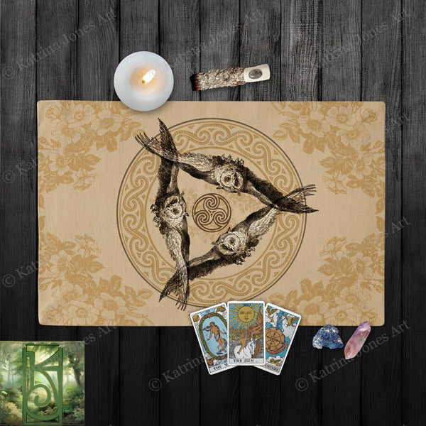 Vintage Triple Owl Altar Cloth - Athena Goddess Wiccan Decor Rec