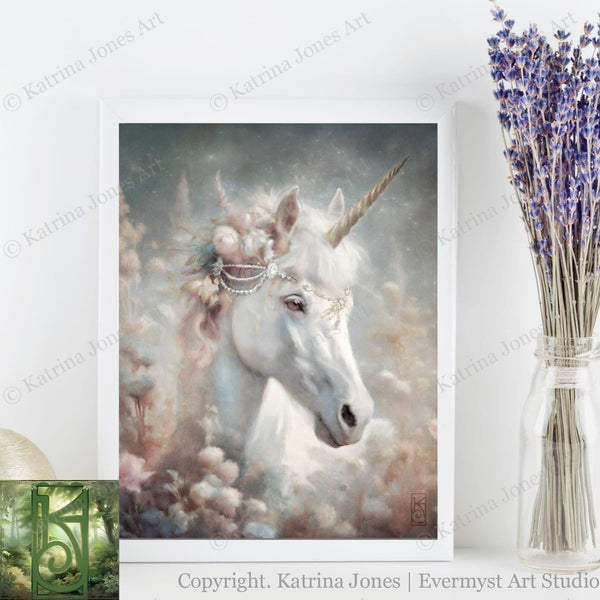 Unicorn Art Canvas Print Painting - Fairy Tale Mythical Creature Fantasy Flower Meadow Decor