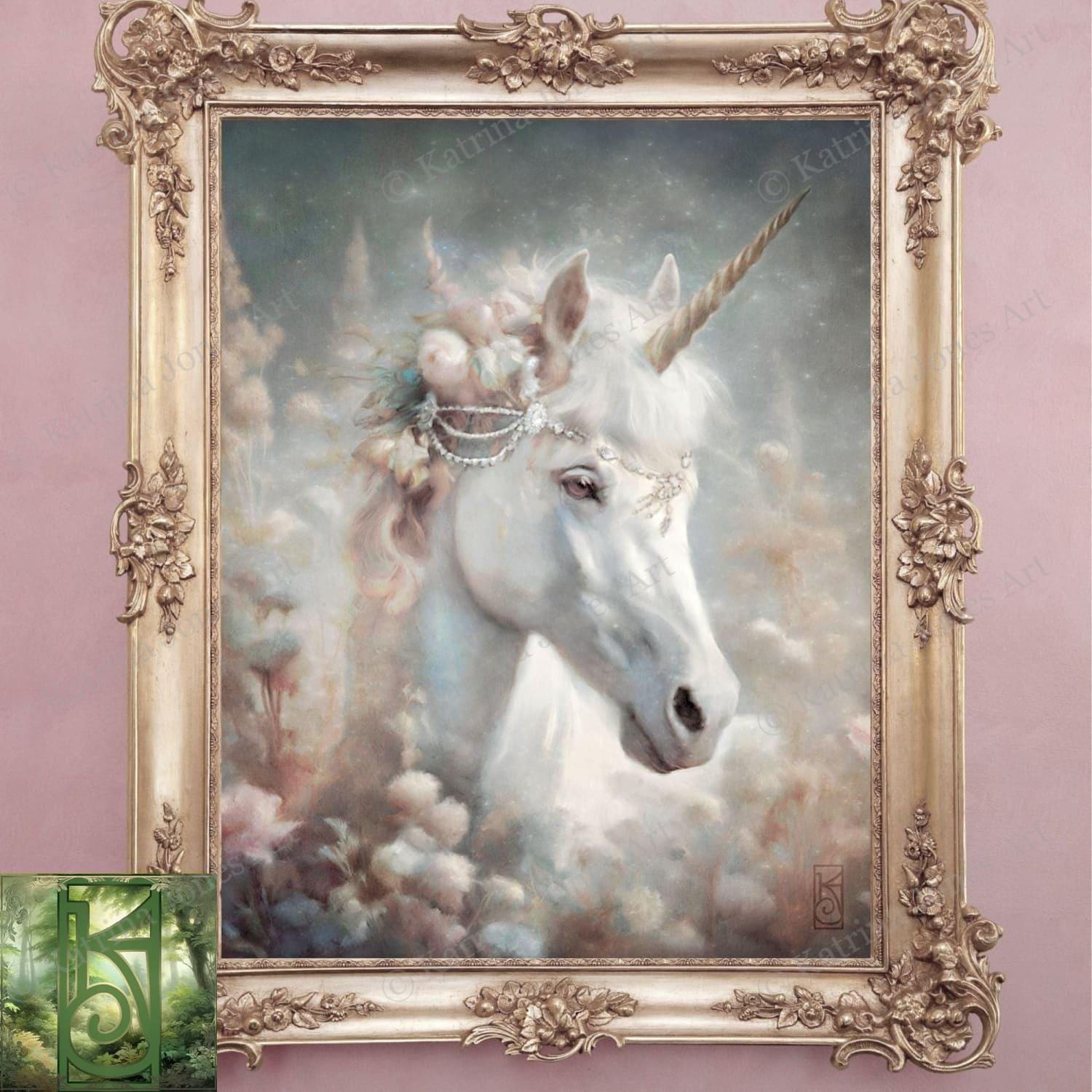 Unicorn Art Canvas Print Painting - Fairy Tale Mythical Creature Fantasy Flower Meadow Decor