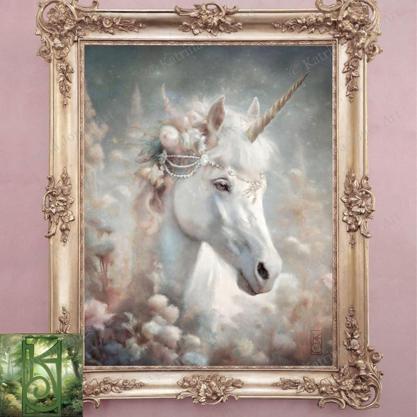 Unicorn Art Canvas Print Painting - Fairy Tale Mythical Creature Fantasy Flower Meadow Decor