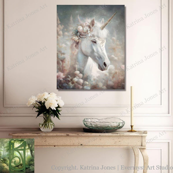 Unicorn Art Canvas Print Painting - Fairy Tale Mythical Creature Fantasy Flower Meadow Decor
