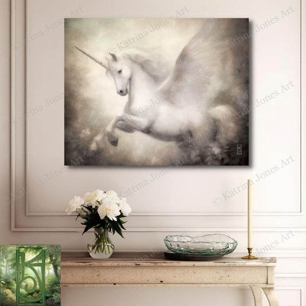 Elegant White Pegasus Painting - Mythic Unicorn Art Print Decor