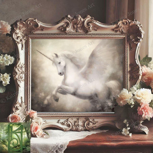 Elegant White Pegasus Painting - Mythic Unicorn Art Print Decor