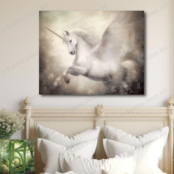Elegant White Pegasus Painting - Mythic Unicorn Art Print Decor