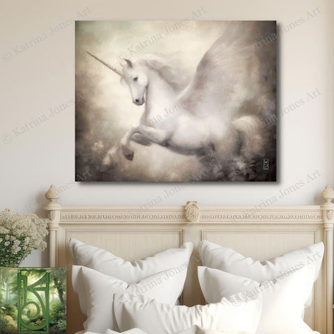 Elegant White Pegasus Painting - Mythic Unicorn Art Print Decor