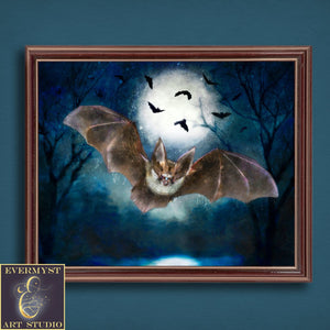 Vespertine Bat Moon Canvas Print Wall Art Decor Original Painting Fantasy Dark Academia Gothic