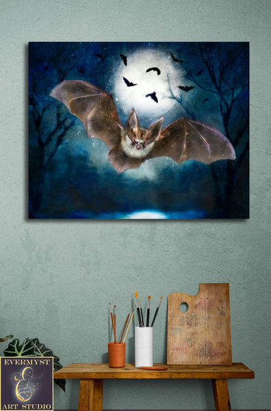 Vespertine Bat Moon Canvas Print Wall Art Decor Original Painting Fantasy Dark Academia Gothic