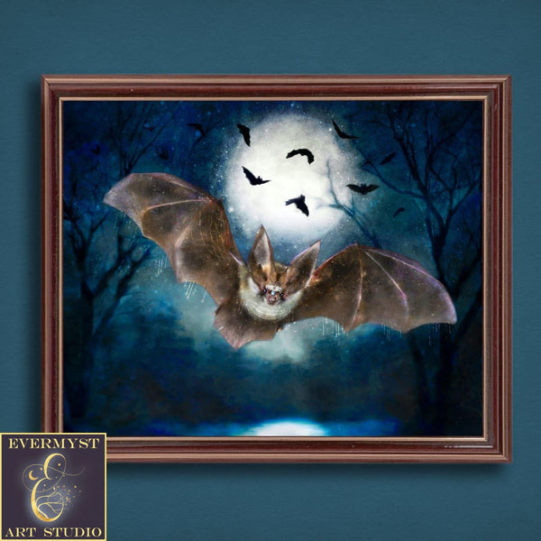 Vespertine Bat Moon Canvas Print Wall Art Decor Original Painting Fantasy Dark Academia Gothic