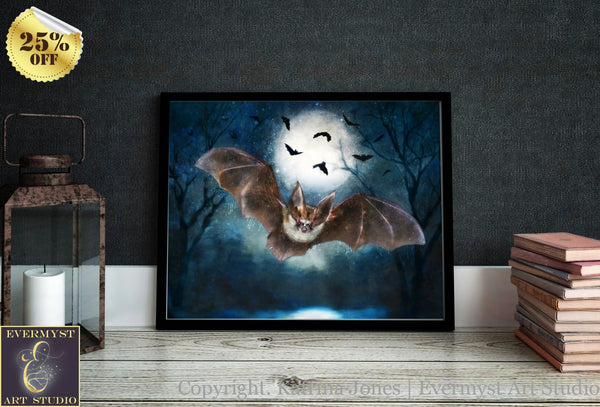 Vespertine Bat Moon Canvas Print Wall Art Decor Original Painting Fantasy Dark Academia Gothic