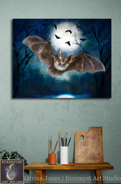 Vespertine Bat Moon Canvas Print Wall Art Decor Original Painting Fantasy Dark Academia Gothic