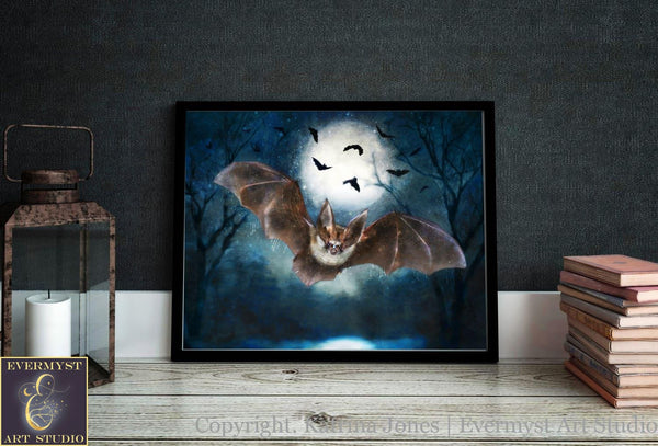 Vespertine Bat Moon Canvas Print Wall Art Decor Original Painting Fantasy Dark Academia Gothic