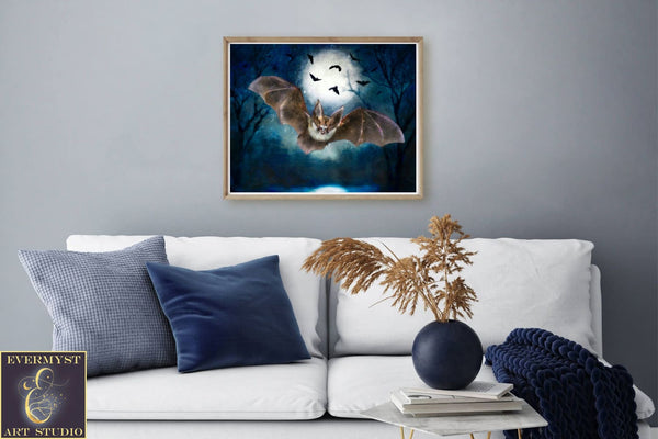 Vespertine Bat Moon Canvas Print Wall Art Decor Original Painting Fantasy Dark Academia Gothic