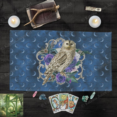 Owl Altar Cloth - Tarot And Wicca Decor With Flowers Rec