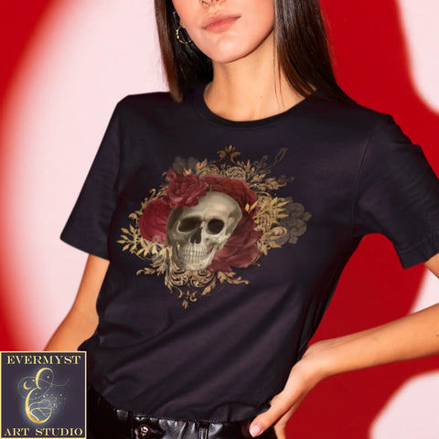 Victorian Gothic Skull Roses T-Shirt - Black Graphic Vintage Shirt Flowers And T