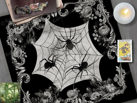 Gothic Flowers Tarot And Altar Cloth With Spiders - Halloween Decor Square