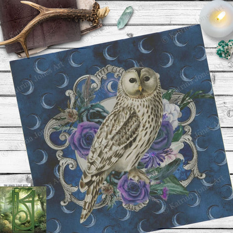 Owl Altar Cloth - Handcrafted Wicca Witch Pagan Tarot With Floral Design Square