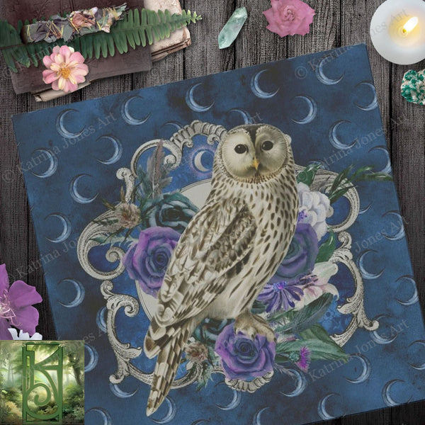 Owl Altar Cloth - Handcrafted Wicca Witch Pagan Tarot With Floral Design Square
