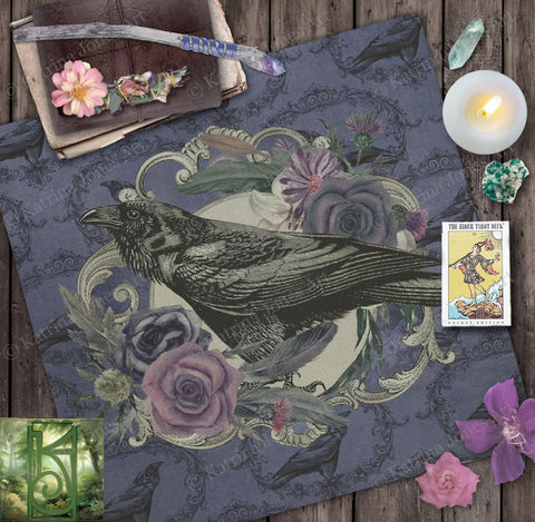 Gothic Raven Altar Cloth - Tarot Reading Mat With Witchy Black Bird Decor 24X24 Inch Crepe Square