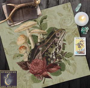 Vintage Cottagecore Altar Cloth Tarot Reading Mat With Toad Frog Nature Witch Aesthetic Square
