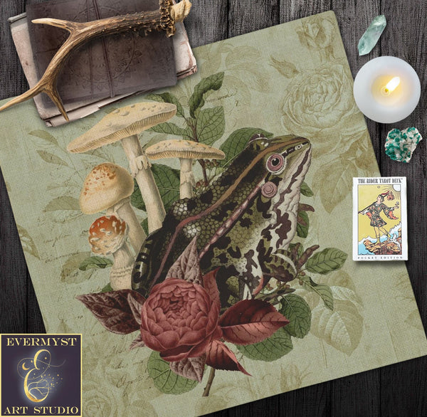Vintage Cottagecore Altar Cloth Tarot Reading Mat With Toad Frog Nature Witch Aesthetic Square