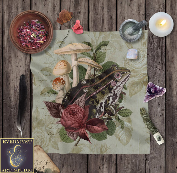 Vintage Cottagecore Altar Cloth Tarot Reading Mat With Toad Frog Nature Witch Aesthetic Square