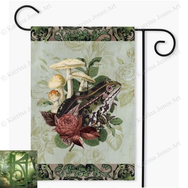 Vintage Frog And Flowers Green Cottage Garden Flag