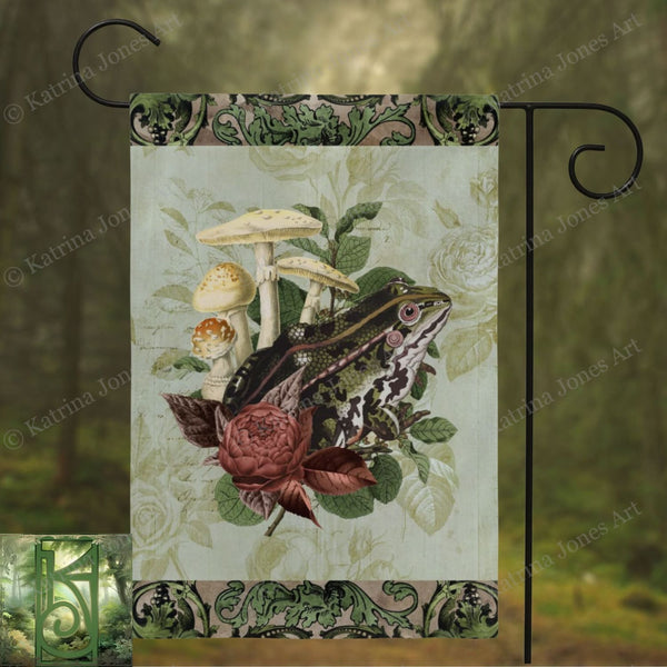Vintage Frog And Flowers Green Cottage Garden Flag