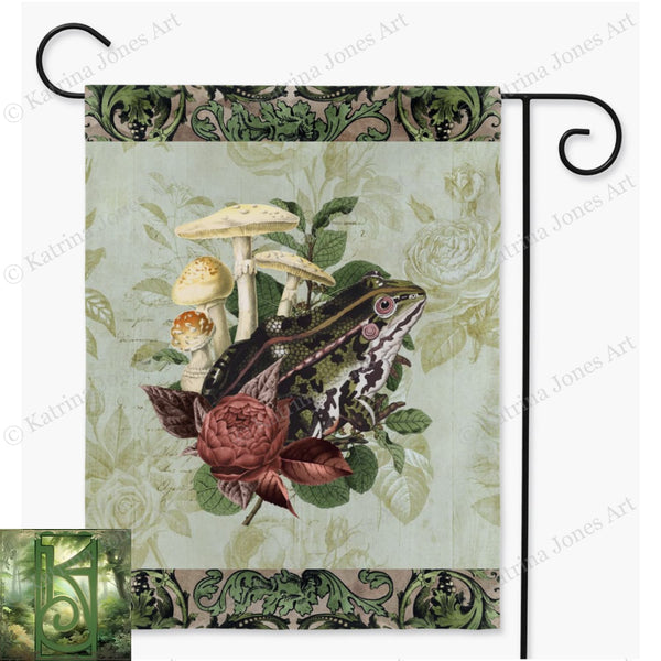 Vintage Frog And Flowers Green Cottage Garden Flag