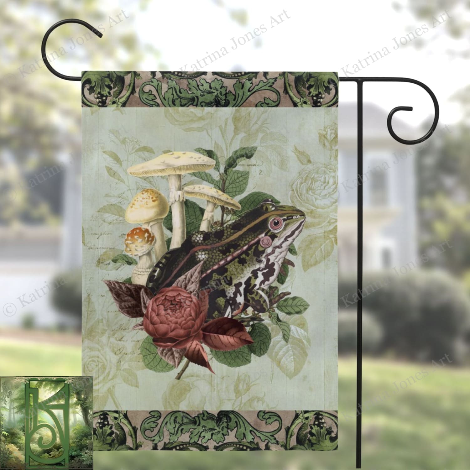 Vintage Frog And Flowers Green Cottage Garden Flag Single / 12X18 Inch