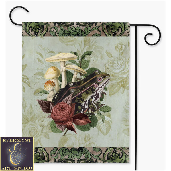 Vintage Frog And Flowers Green Cottage Garden Flag