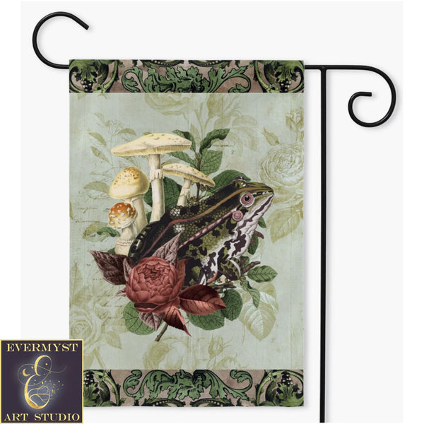 Vintage Frog And Flowers Green Cottage Garden Flag