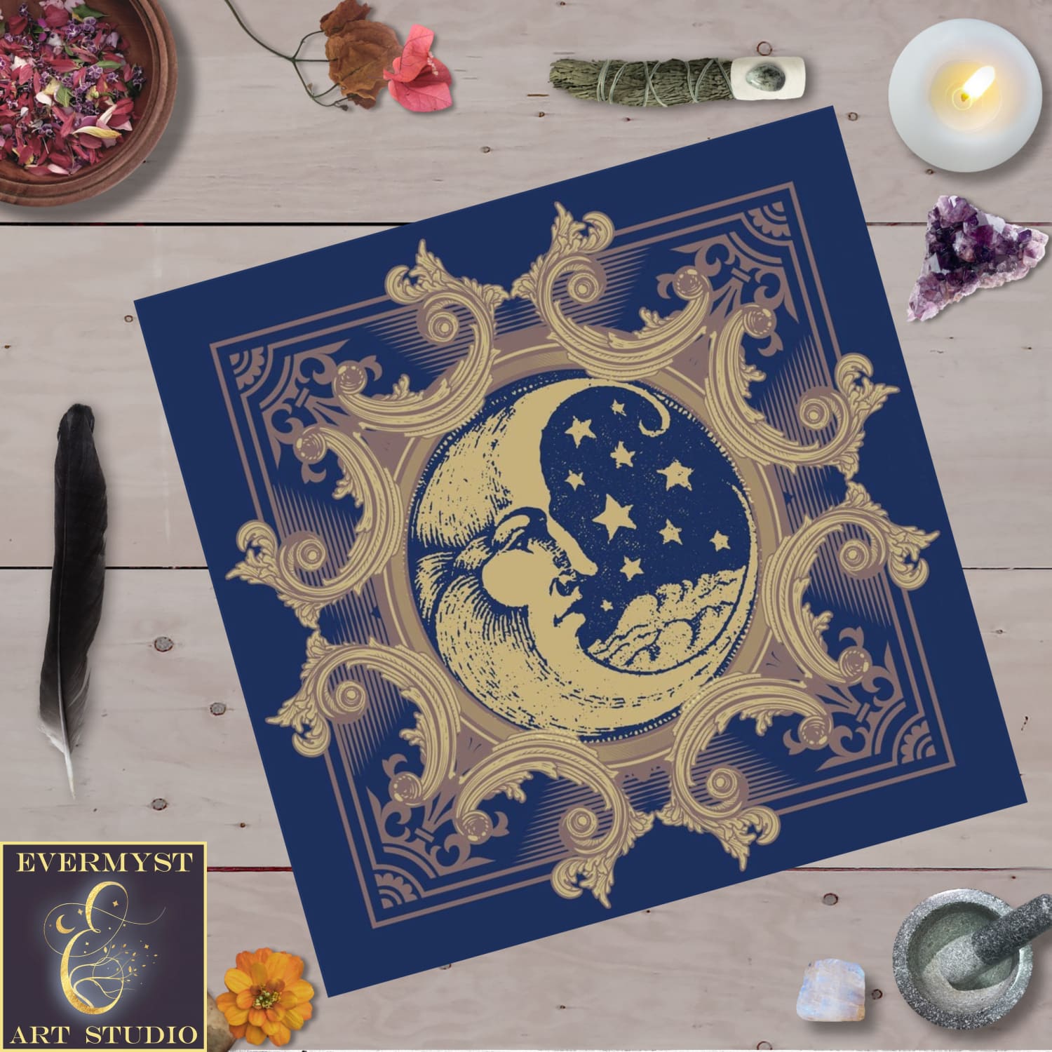 Vintage Moon Tarot Cloth - Celestial Witch Altar For Wicca Pagan And Lunar Rituals Square